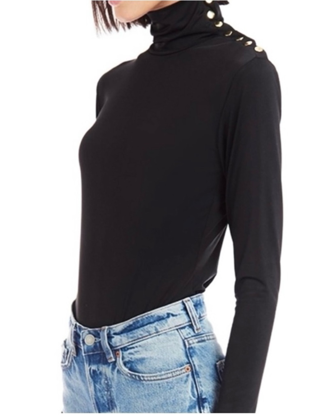Amanda Uprichard Black Long-Sleeve Turtleneck Top with Shoulder Buttons - Picture 5 of 8